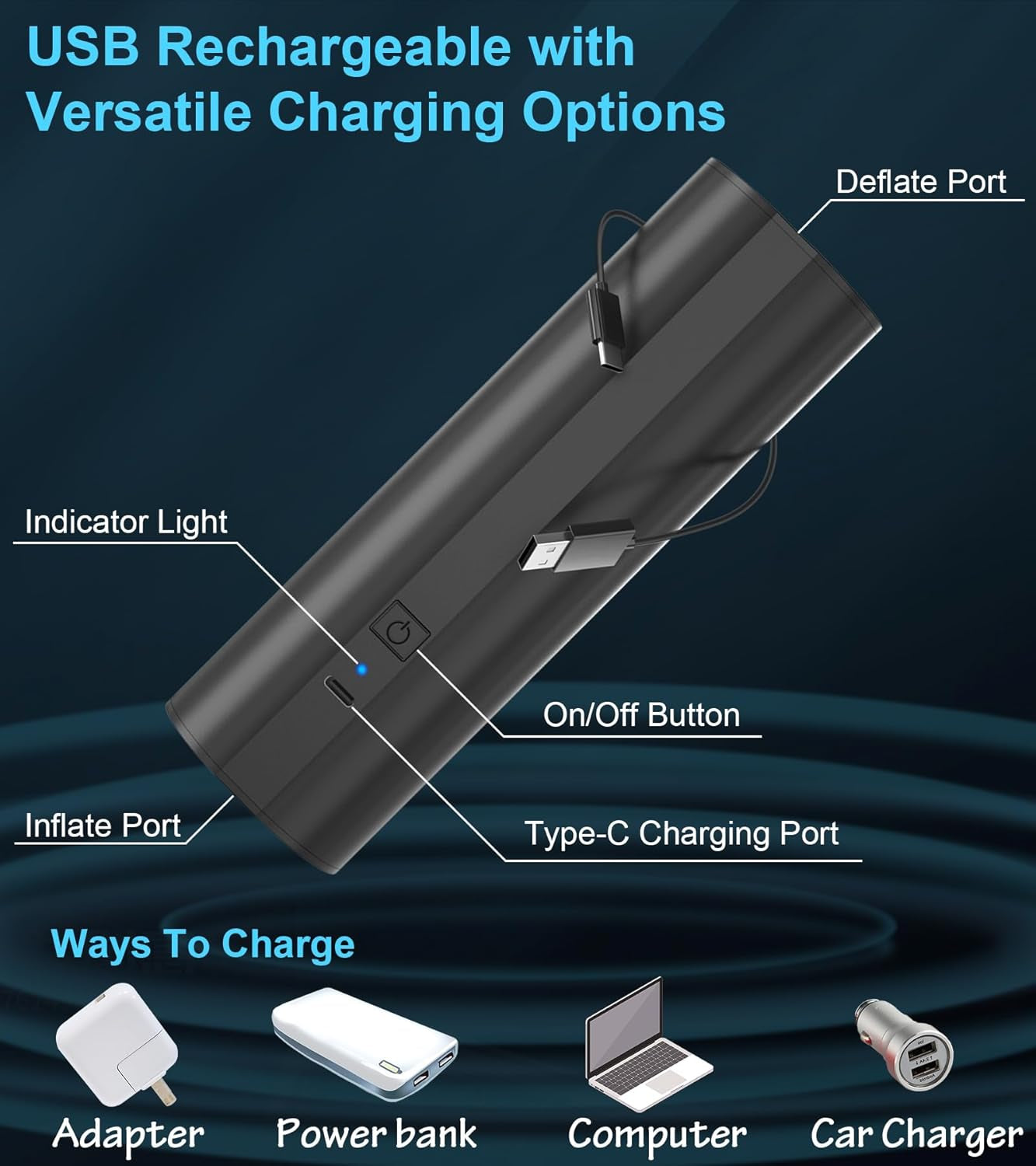 Electric Air Pump for Pool Inflatables, Quick-Fill Air Mattress Pump, Rechargeable Battery Powered Cordless Portable Air Pump, Inflator Pump for Air Mattress Bed, Pool Floats Toys, Yoga Ball