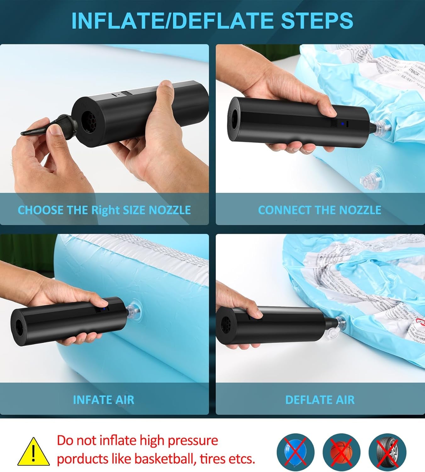 Electric Air Pump for Pool Inflatables, Quick-Fill Air Mattress Pump, Rechargeable Battery Powered Cordless Portable Air Pump, Inflator Pump for Air Mattress Bed, Pool Floats Toys, Yoga Ball